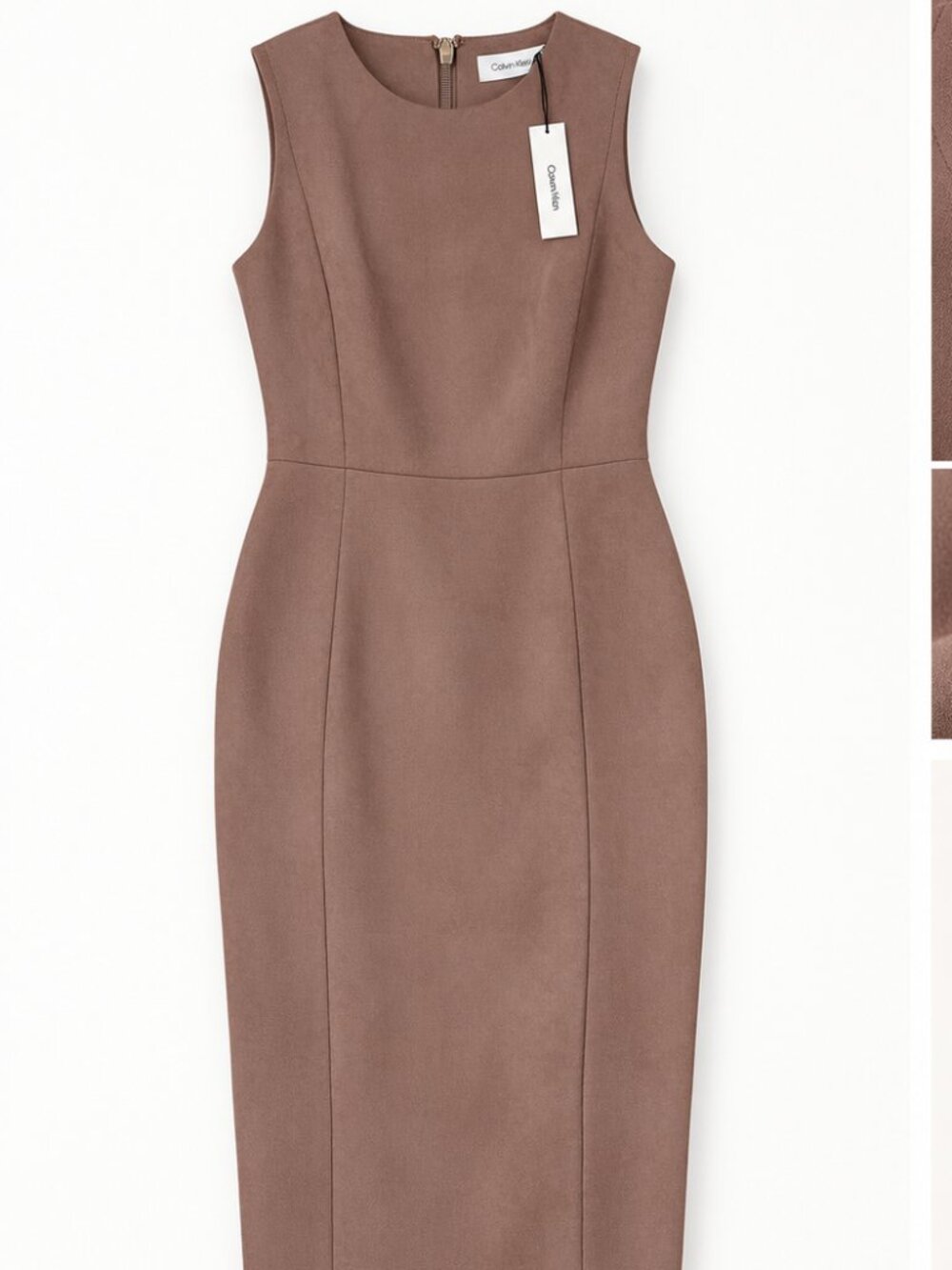 Calvin Klein NWT Faux Suede Sleeveless Sheath Midi Dress Size 6 Taupe Brown